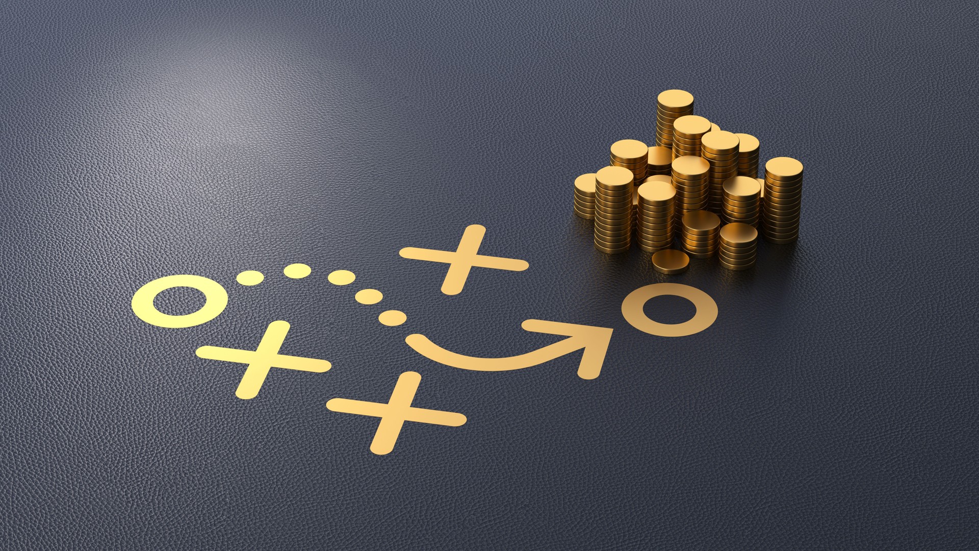 Gold Coin Stack on Black Background Next to a Strategy Plan Map Showing the Path to Success and Wealth. Arrows and Circles Highlight the Plan Leading to Gold. 3D Render.